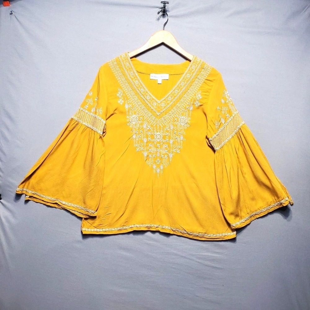 Chelsea & Theodore Boho Embroidered Top Womens M Yellow Rayon Bell Sleeve Indie